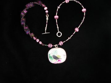 Chinese Pottery Pendant Sterling Bird, Cat's Eye