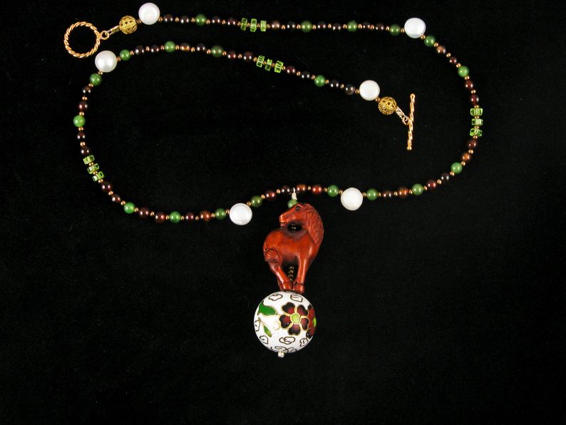 Boxwood Horse Standing On Round Cloisenne Bead